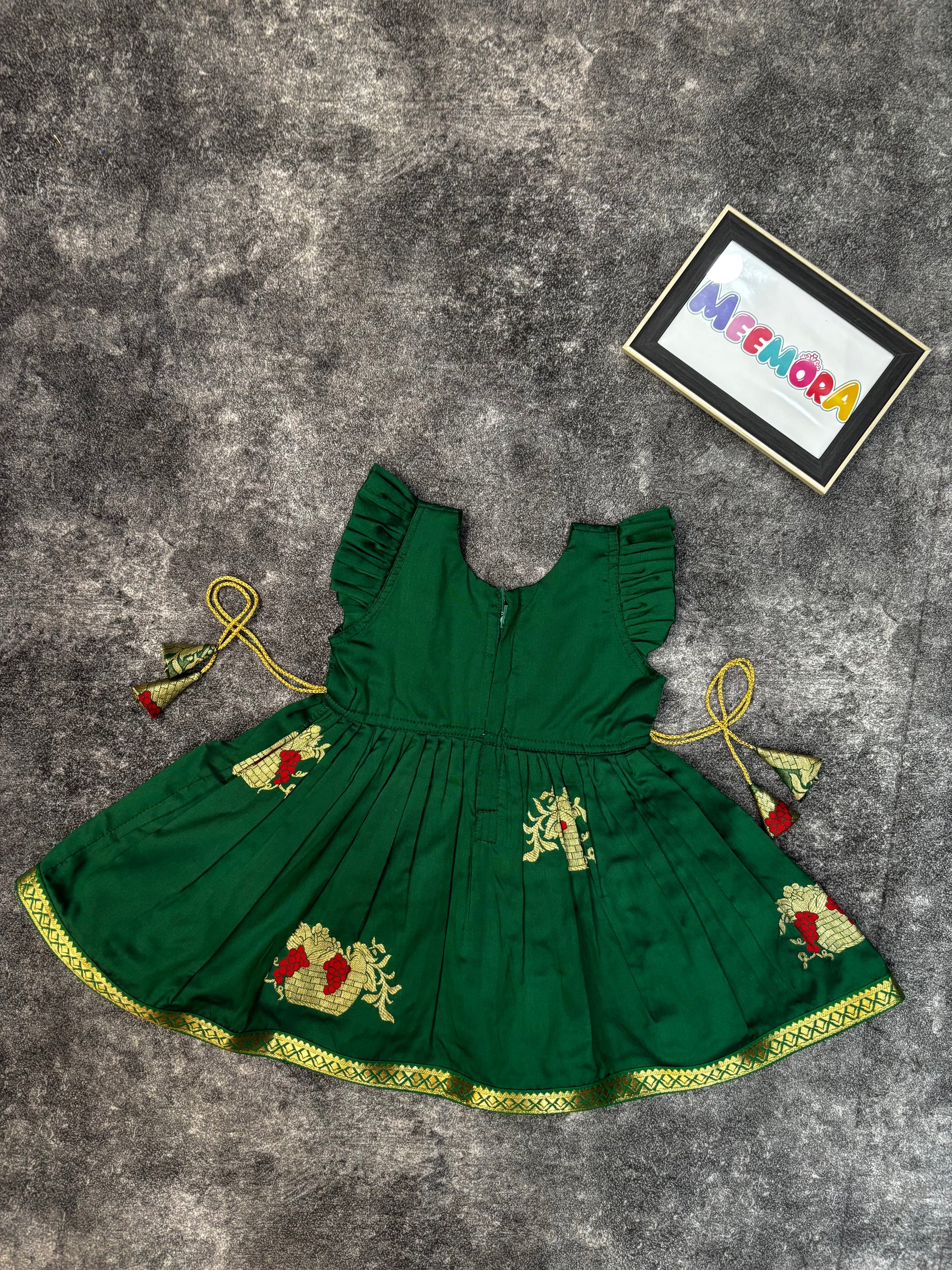Green Soft Silk Zari Motif Frock for Baby Girl