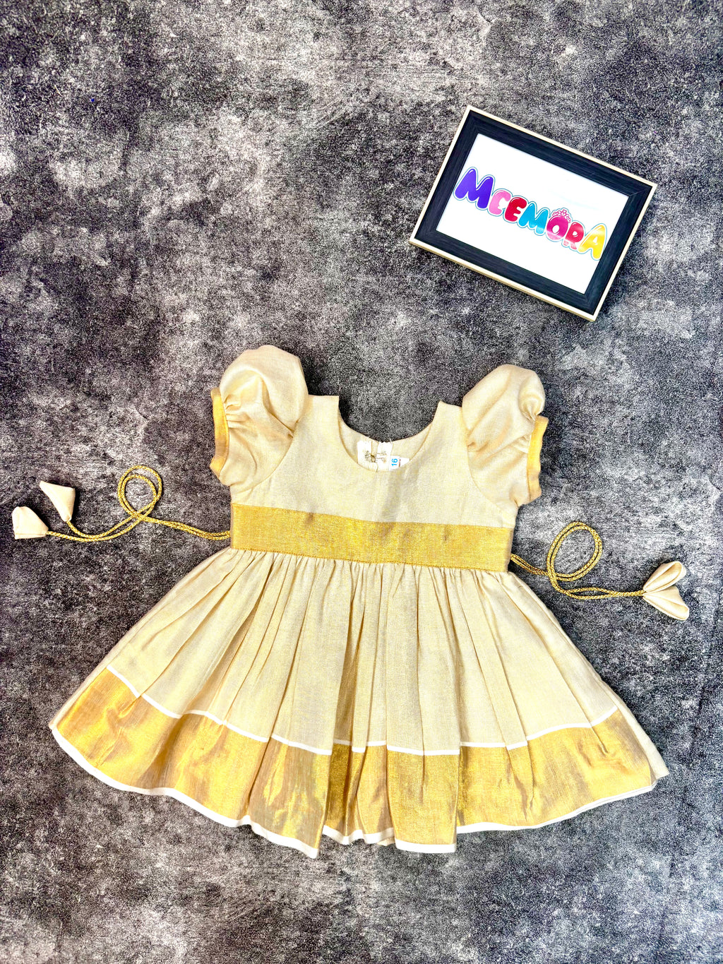 Cream Kasavu Frock with Golden Zari Border for Girls