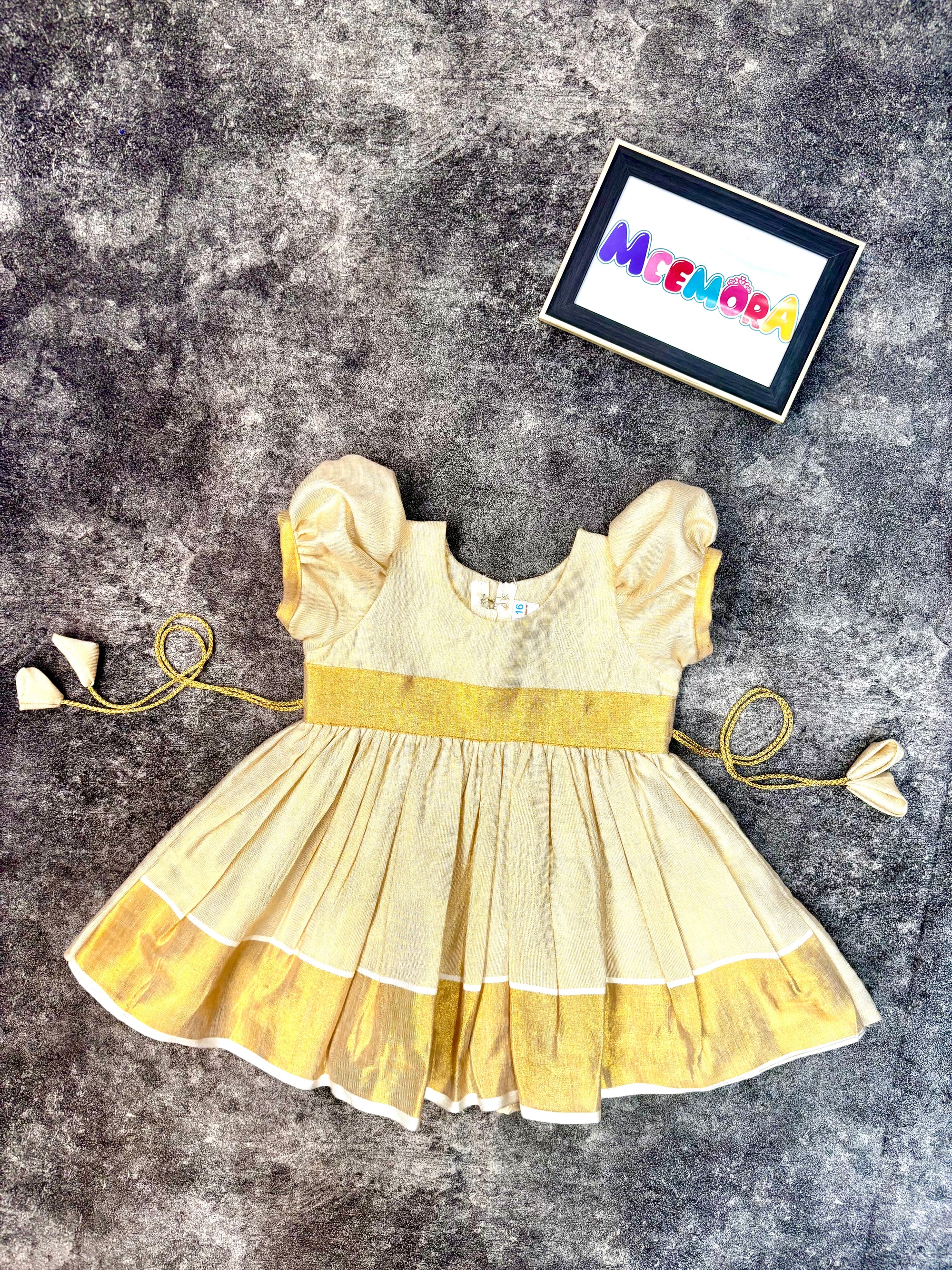 Cream Kasavu Frock with Golden Zari Border for Girls