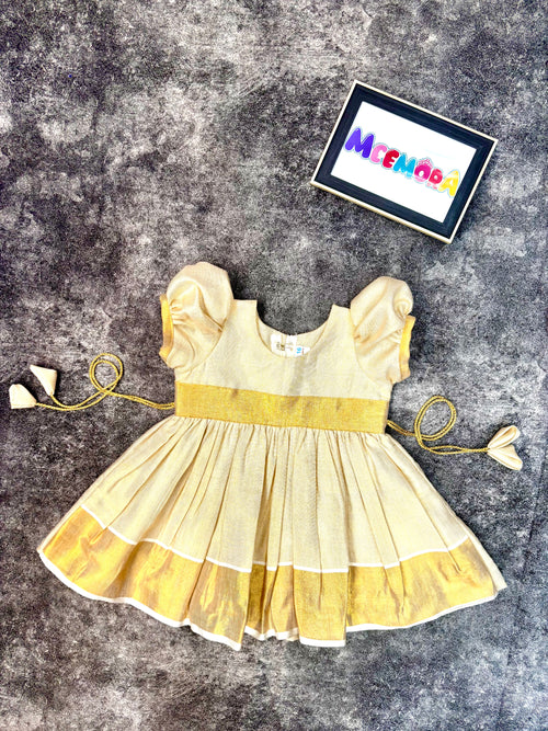 Cream Kasavu Frock with Golden Zari Border for Girls