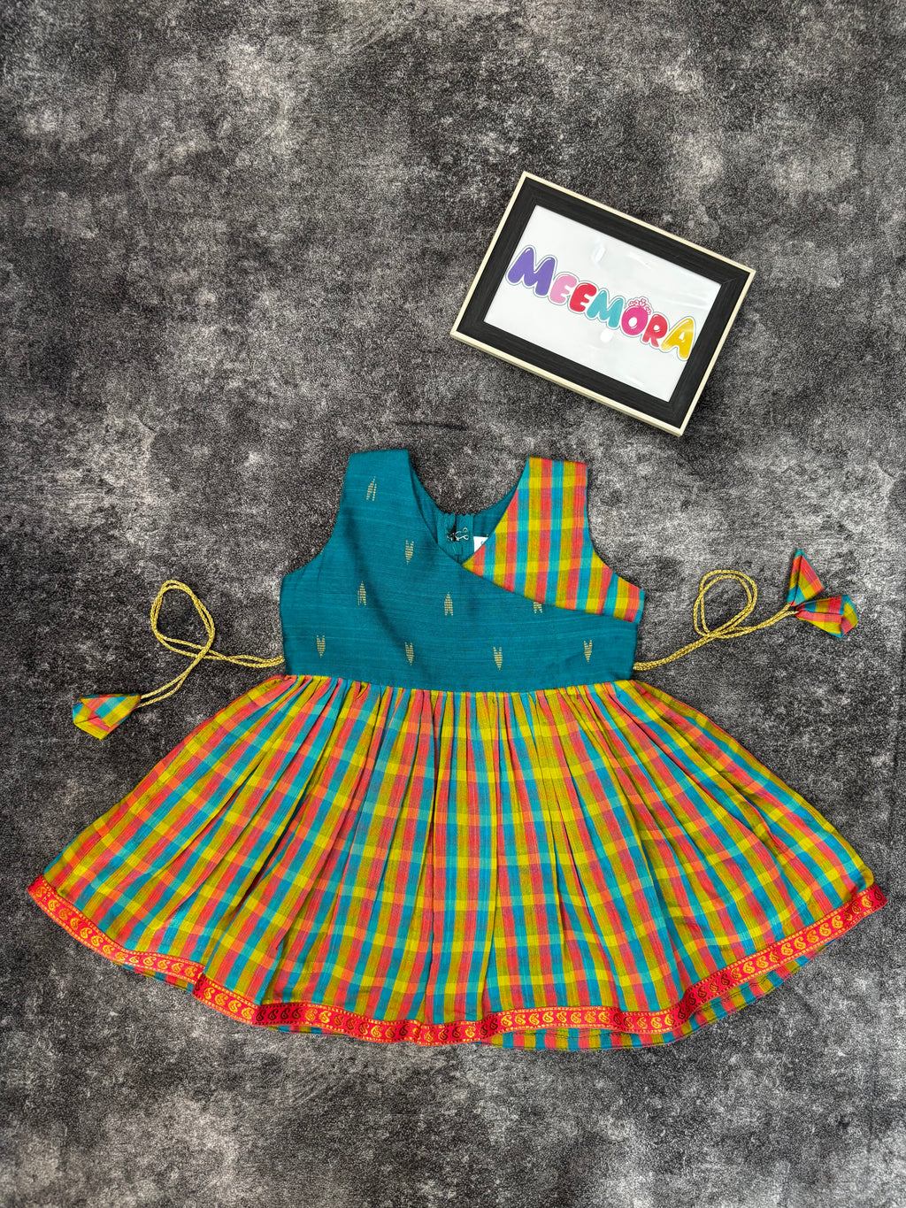 SeaGreen Checks Pattu Raw Silk Frock for Girls | 0–8 Years