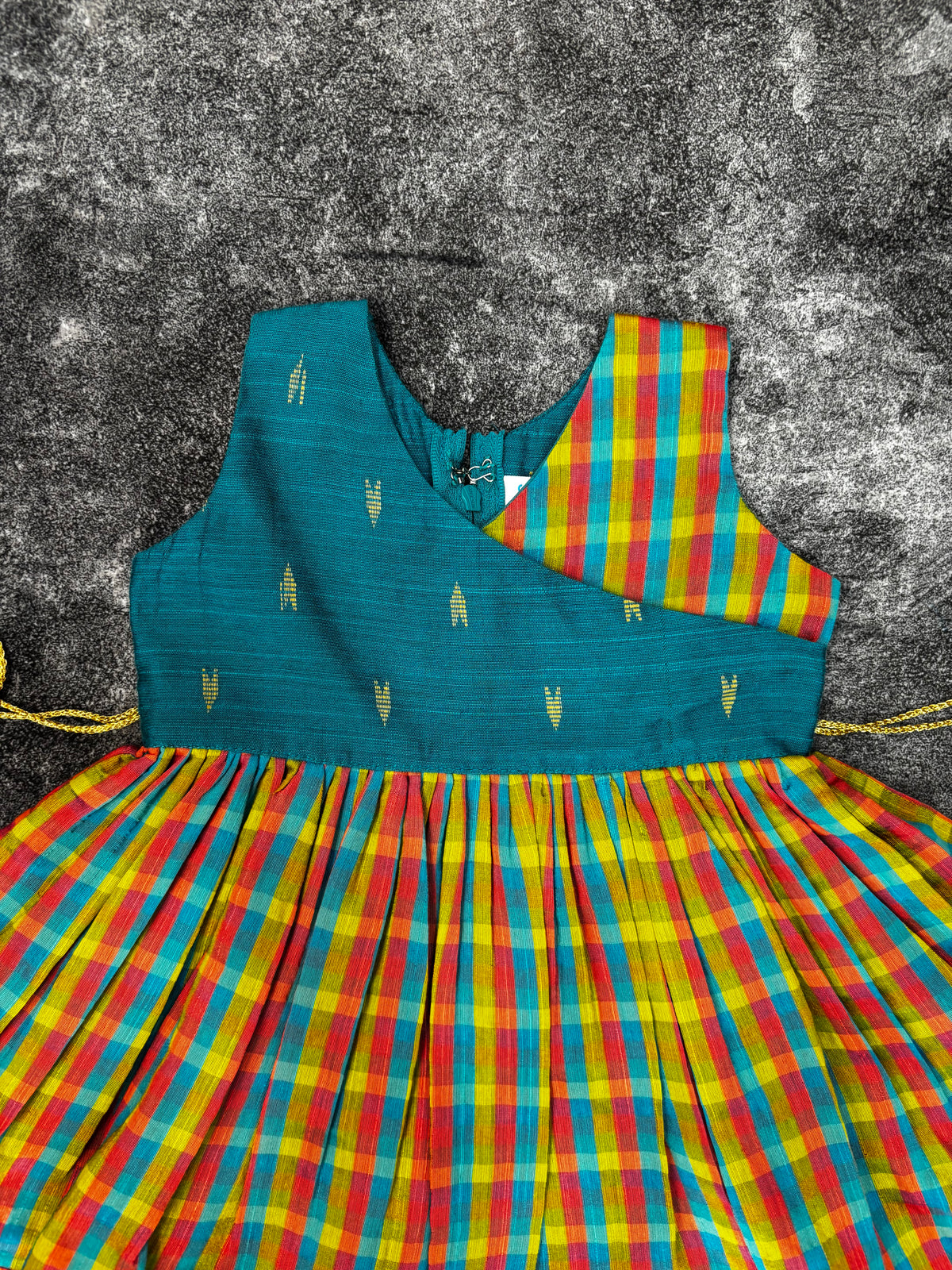SeaGreen Checks Pattu Raw Silk Frock for Girls | 0–8 Years