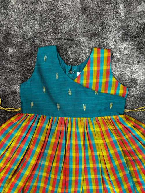SeaGreen Checks Pattu Raw Silk Frock for Girls | 0–8 Years