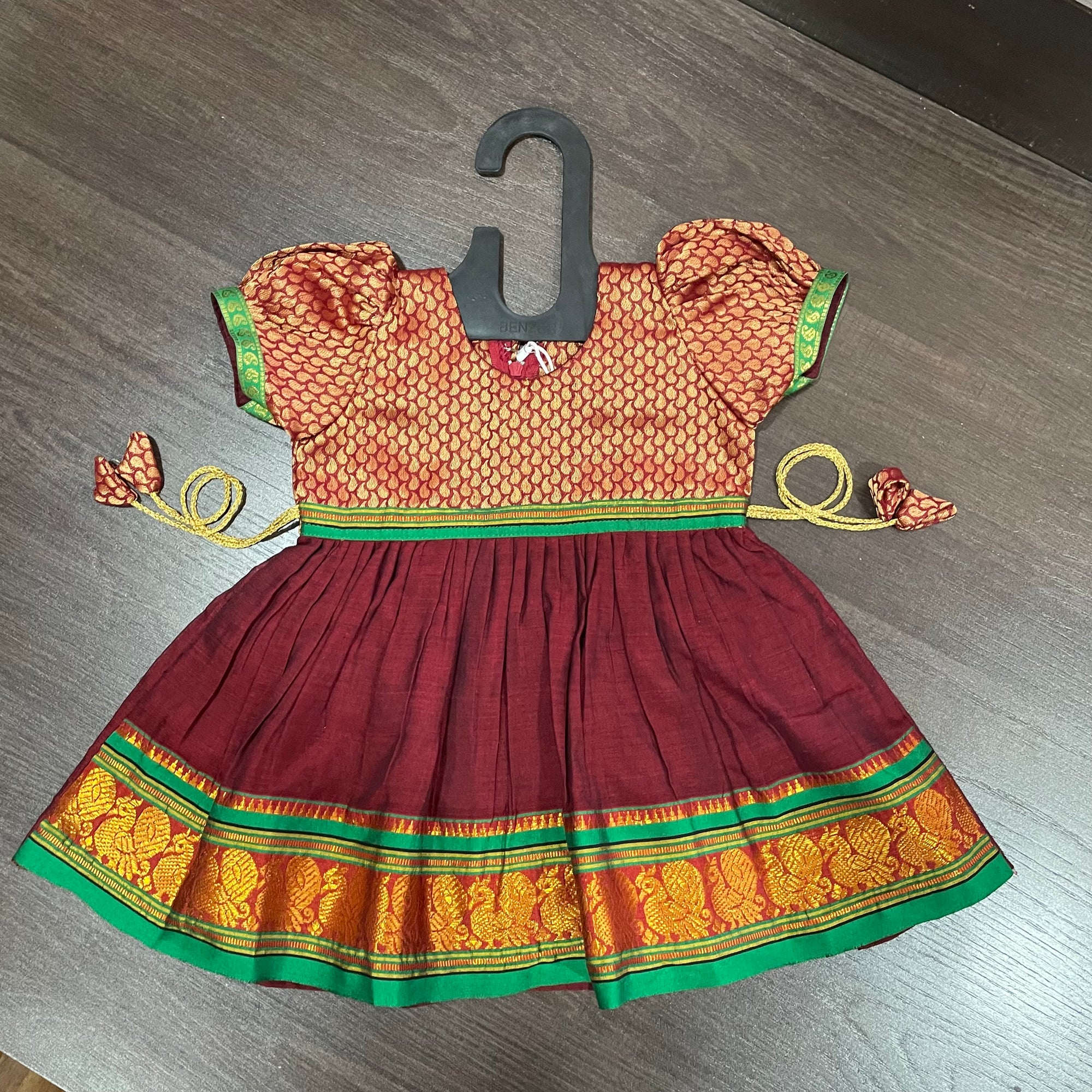 Maroon Brocade Ilkal Elephant Border Frock Dress