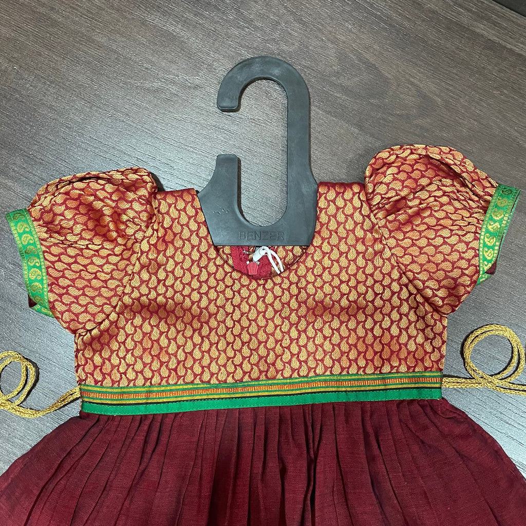 Maroon Brocade Ilkal Elephant Border Frock Dress