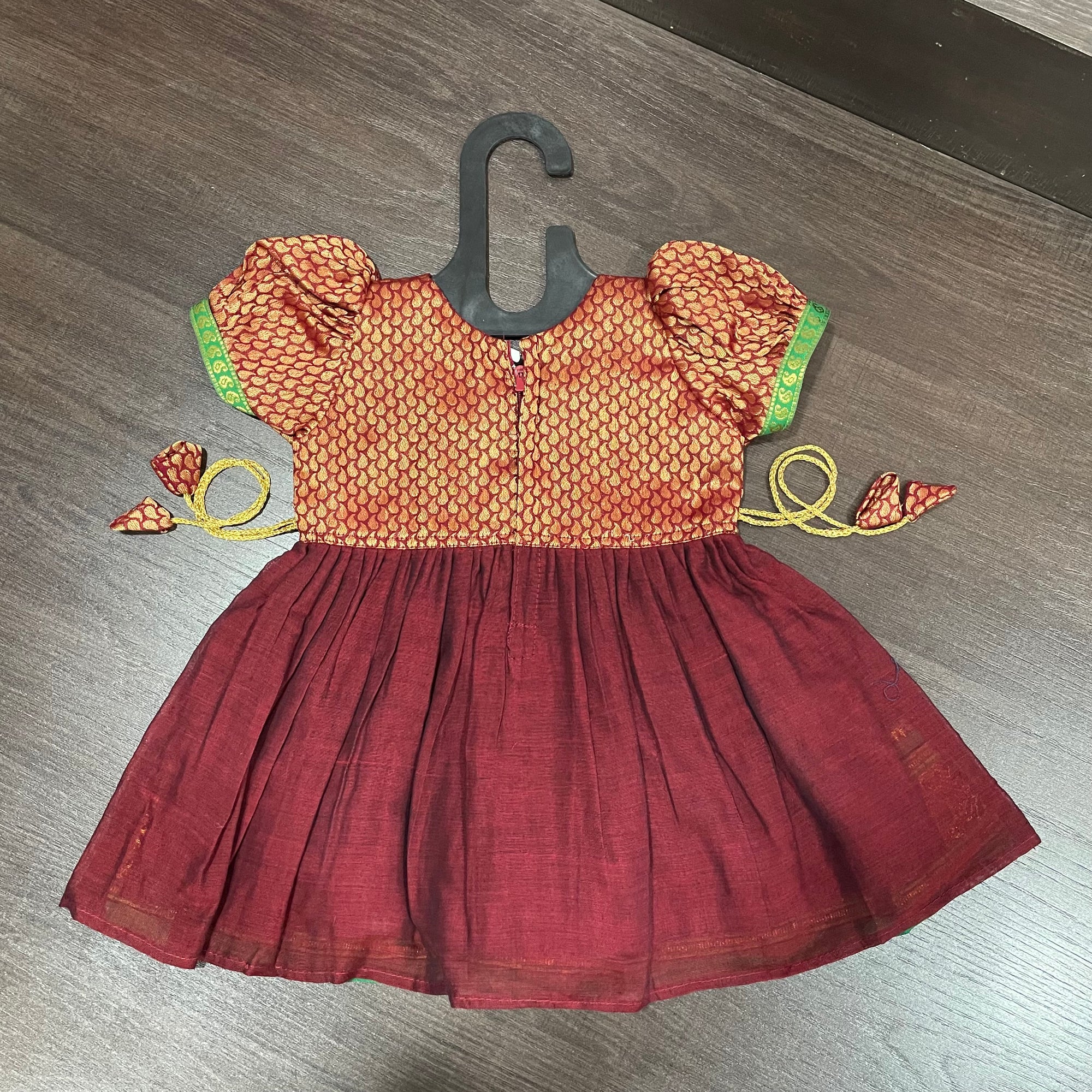 Maroon Brocade Ilkal Elephant Border Frock Dress
