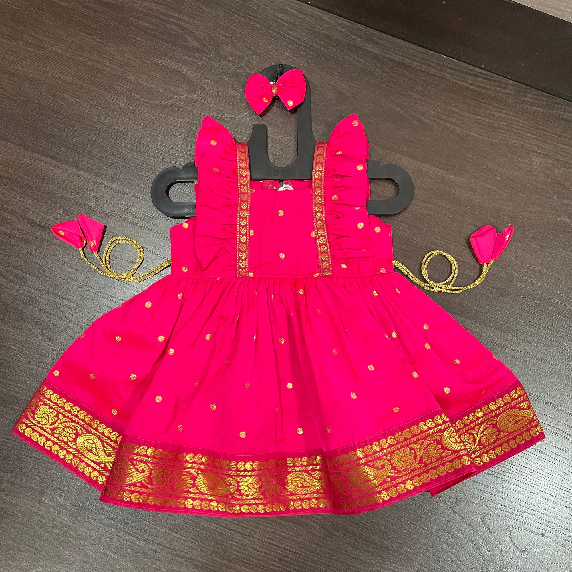 Pink Frill sleeves Paithani Border Silk Frock Dress