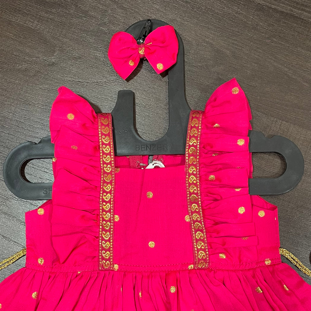 Pink Frill sleeves Paithani Border Silk Frock Dress
