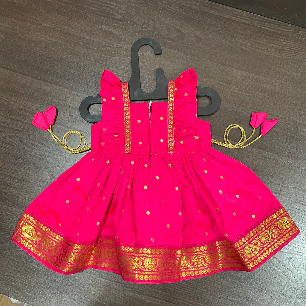 Pink Frill sleeves Paithani Border Silk Frock Dress