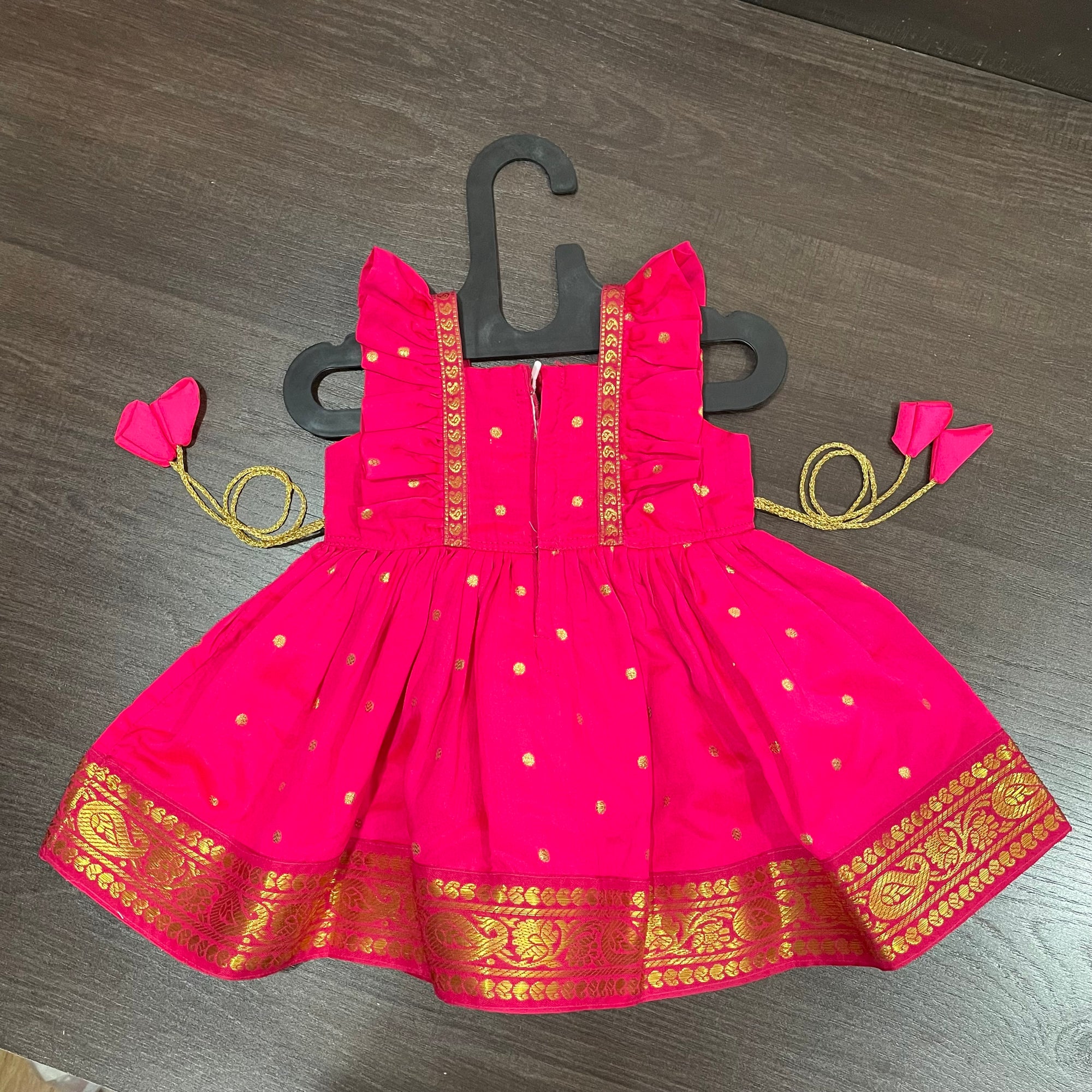 Pink Frill sleeves Paithani Border Silk Frock Dress
