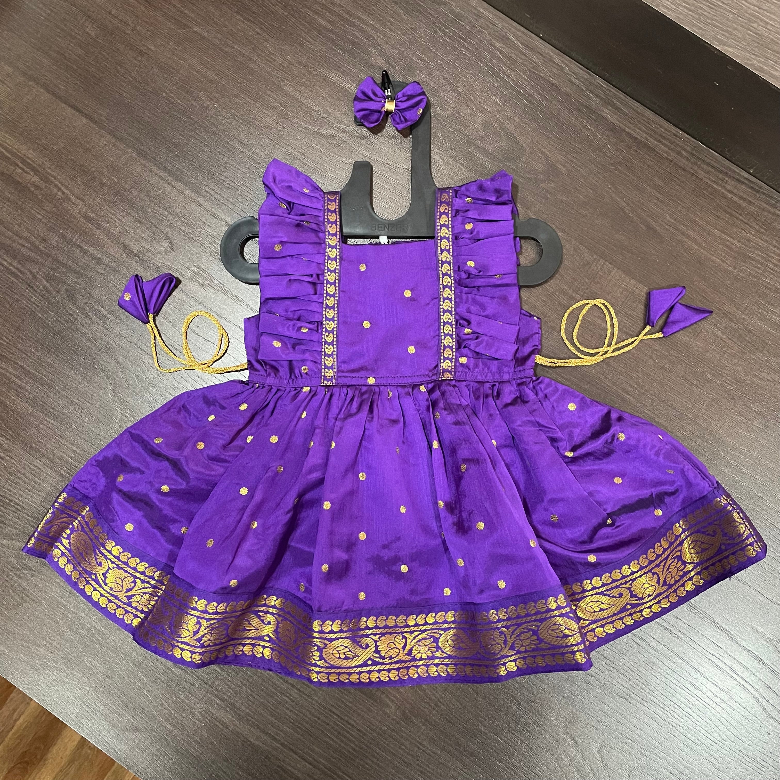Violet Frill sleeves Paithani Border Silk Frock Dress