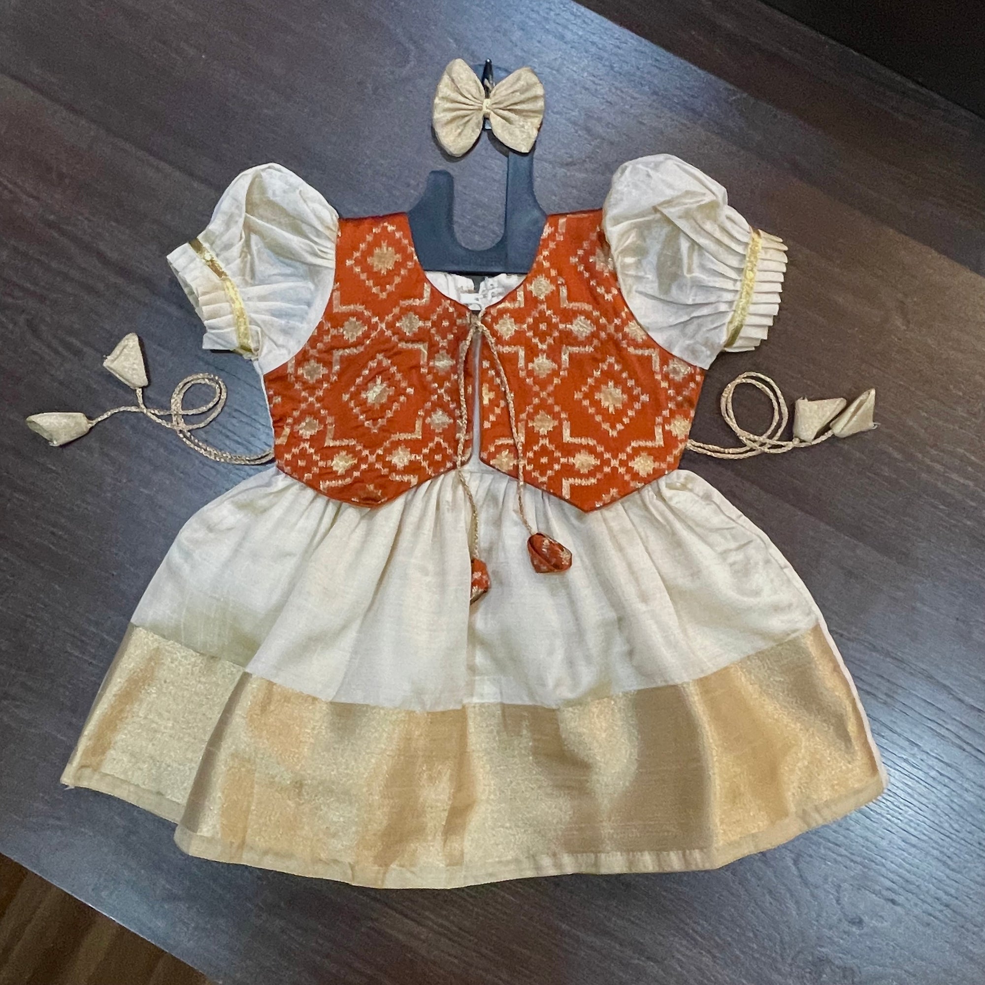Cream Color Kasavu Orange Jacket Silk Frock Dress