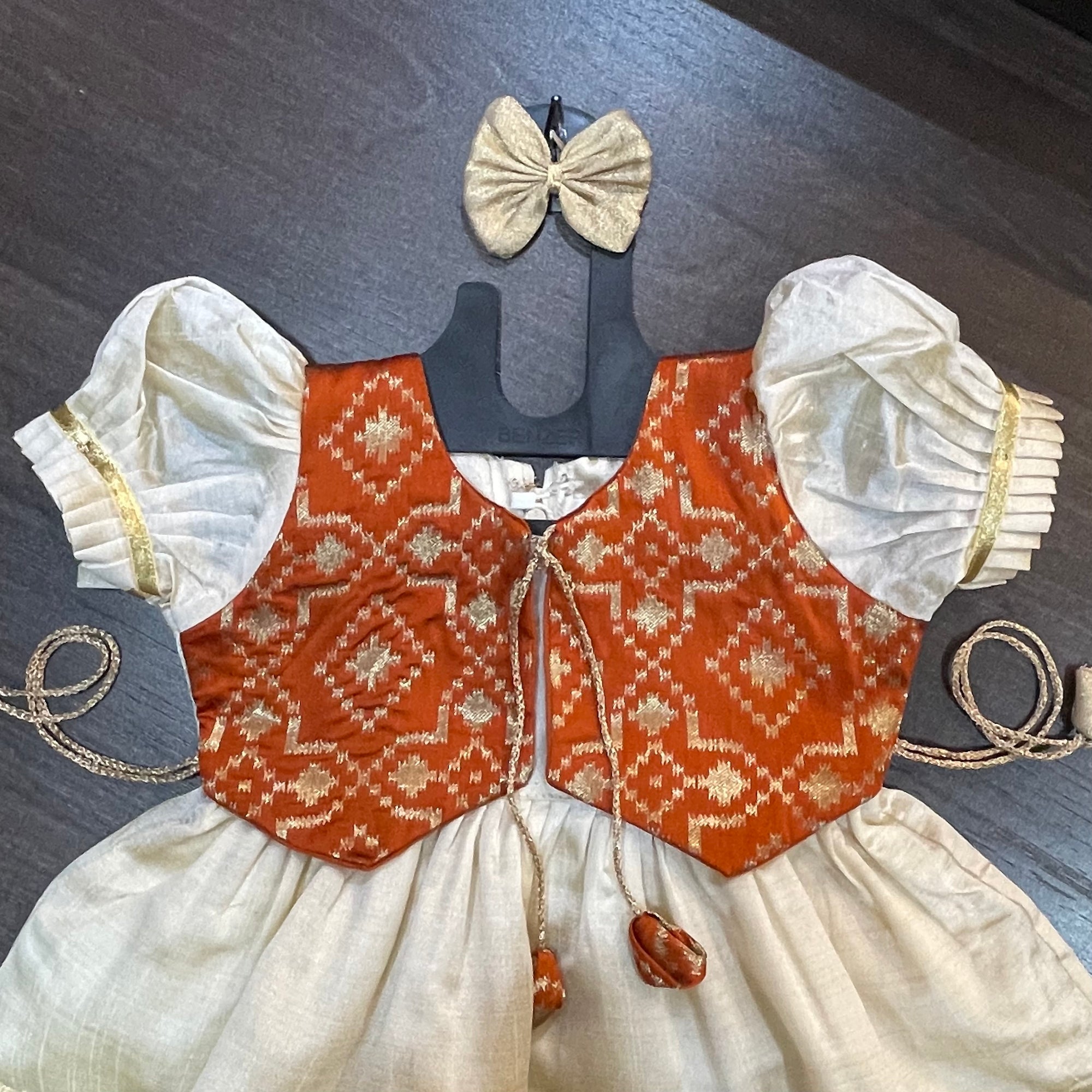 Cream Color Kasavu Orange Jacket Silk Frock Dress