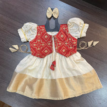 Load image into Gallery viewer, Cream Color Kasavu Red Jacket Silk Frock Dress
