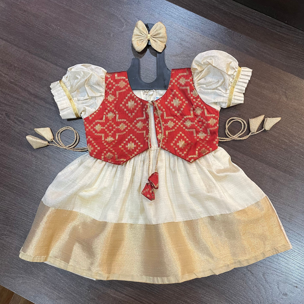 Cream Color Kasavu Red Jacket Silk Frock Dress