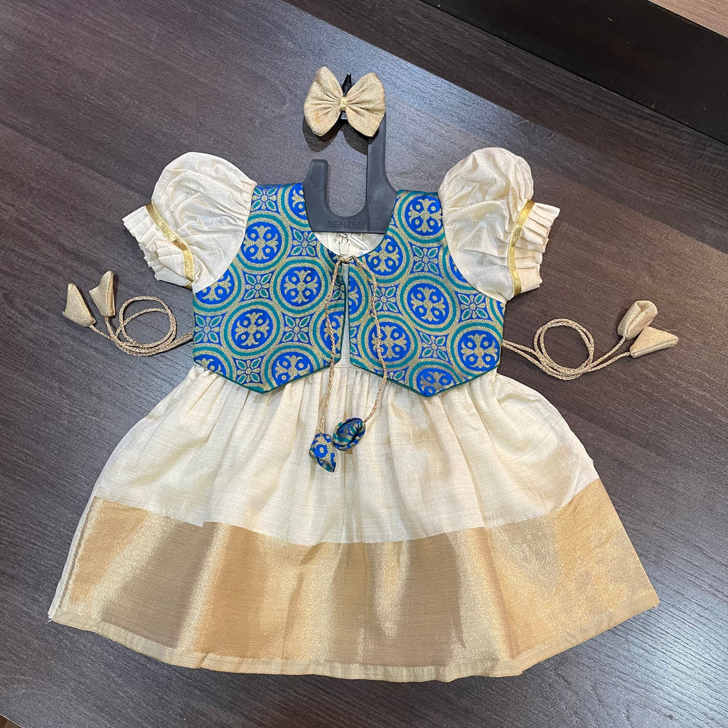 Cream Color Kasavu Sea Green Jacket Silk Frock Dress