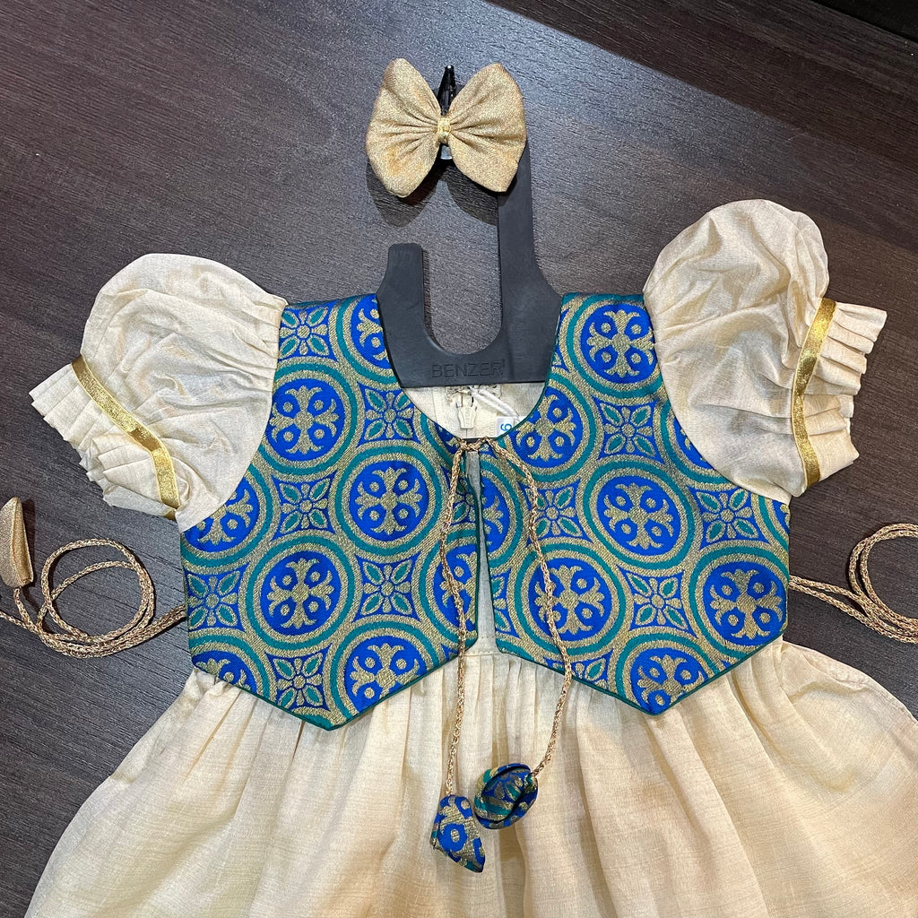 Cream Color Kasavu Sea Green Jacket Silk Frock Dress