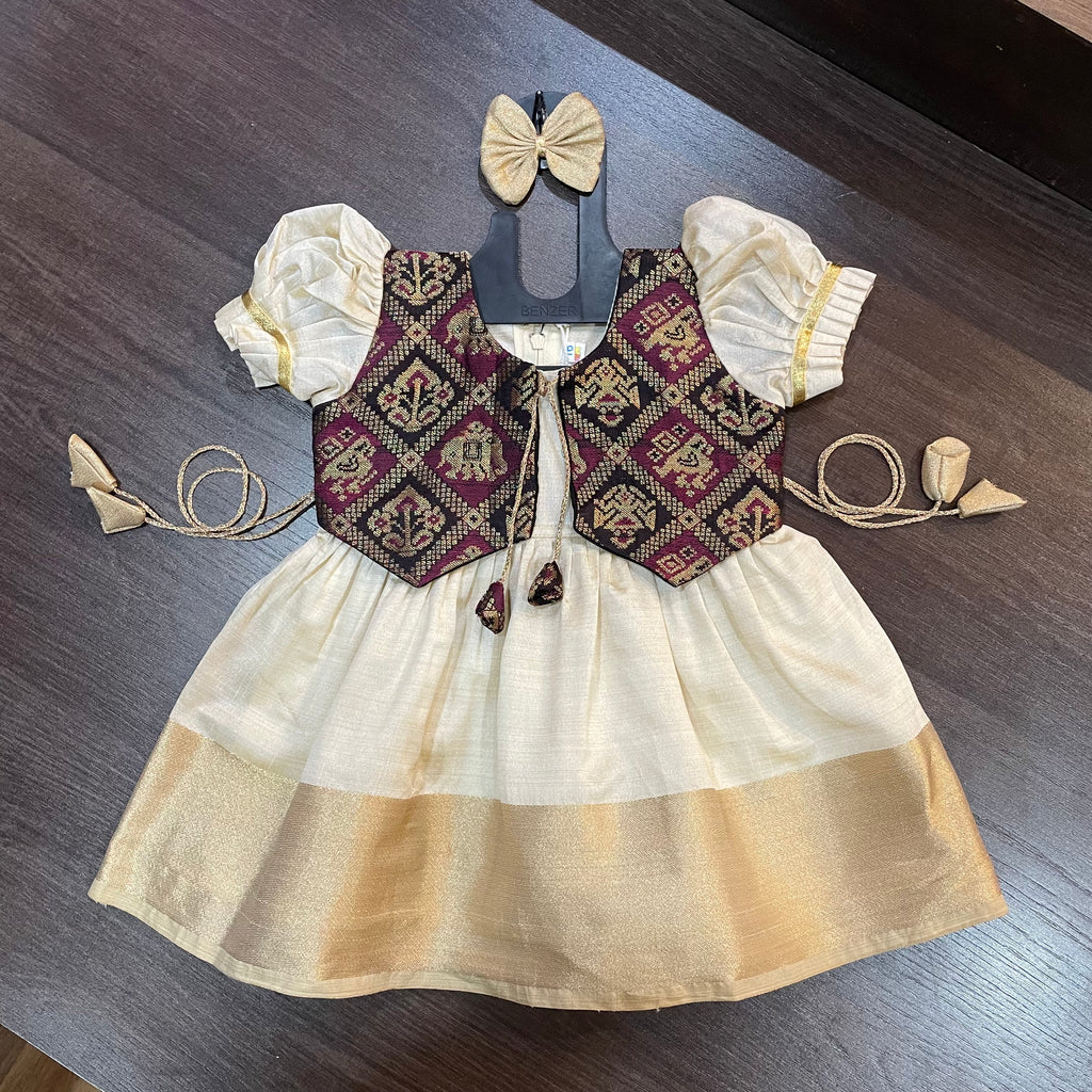 Cream Color Kasavu Black Wine Jacket Silk Frock Dress