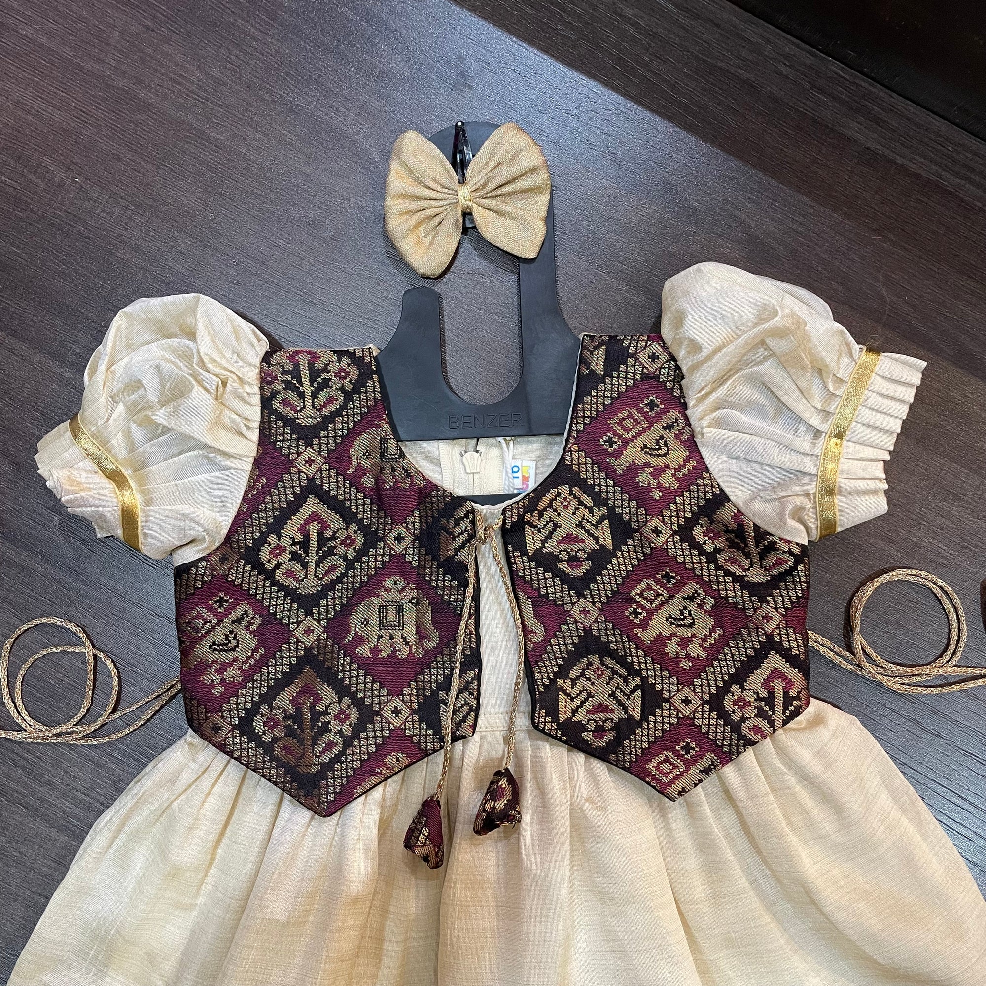 Cream Color Kasavu Black Wine Jacket Silk Frock Dress