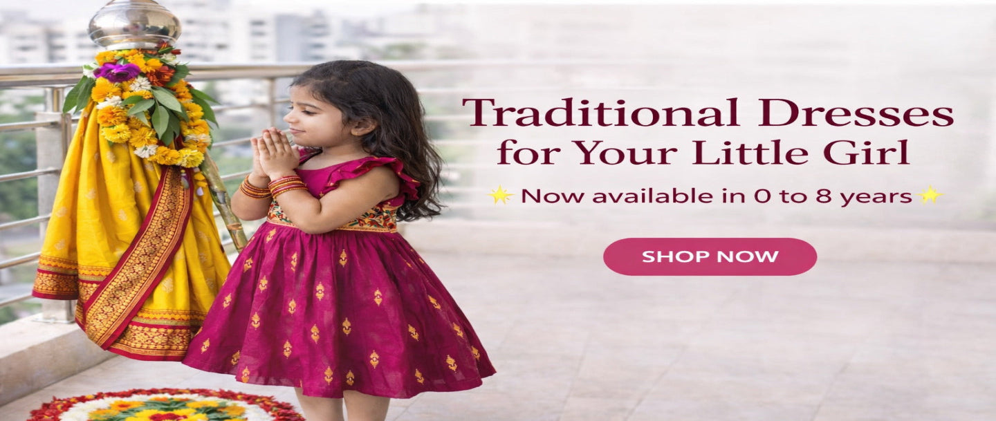Young girl in a traditional dress on a balcony with promotional text for traditional dresses.