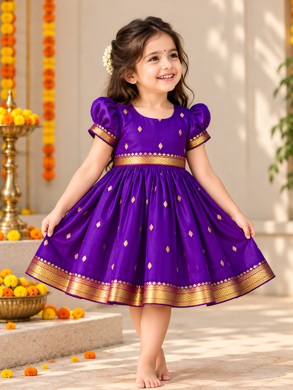 Purple Paithani Butti Silk Frock for Girls | 0–8 Years