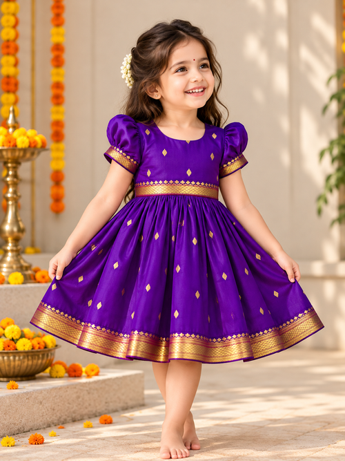 Purple Paithani Butti Silk Frock for Girls | 0–8 Years