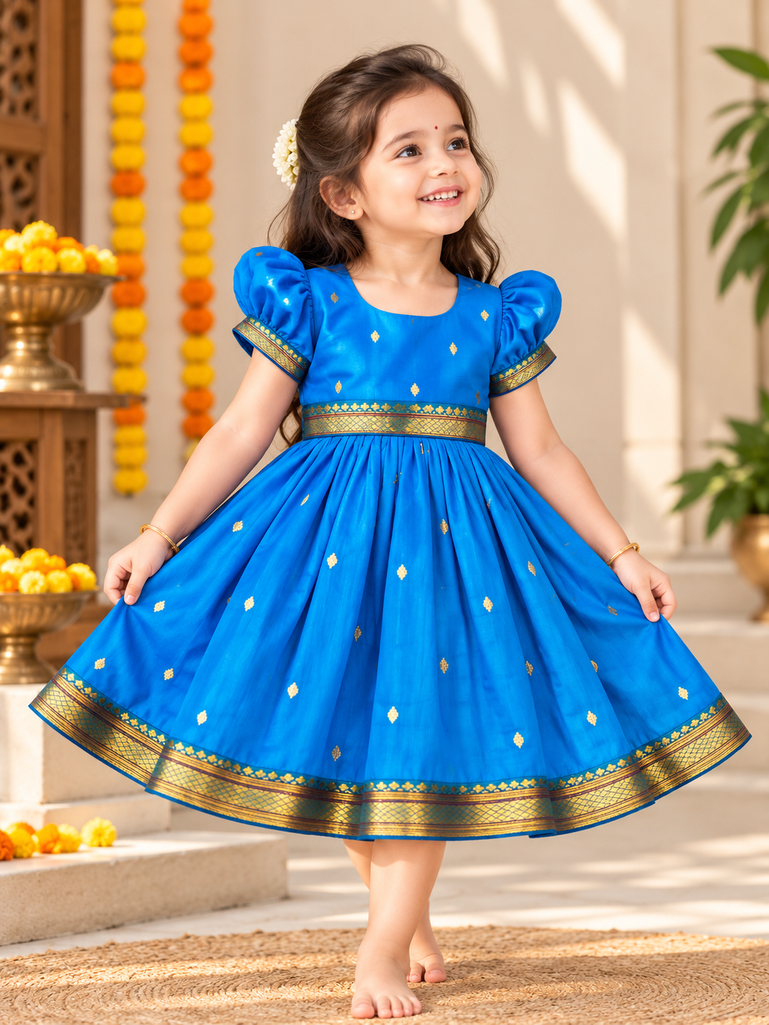 Firozi Paithani Butti Silk Frock for Girls | 0–8 Years