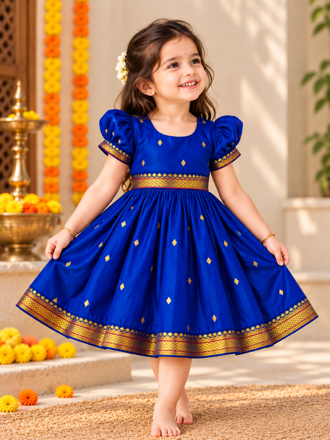 Royal Blue Paithani Butti Silk Frock for Girls | 0–8 Years