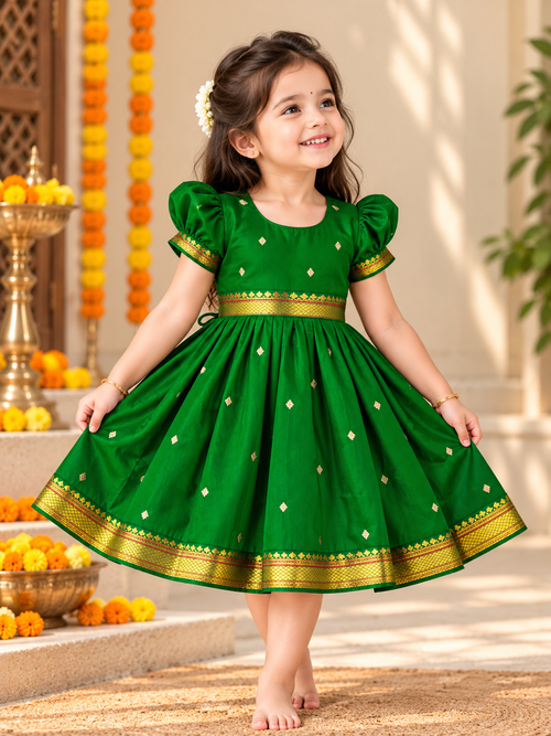 Green Paithani Butti Silk Frock for Girls | 0–8 Years