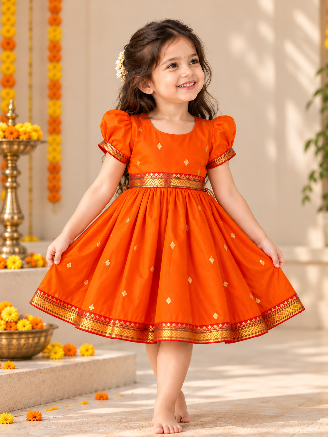 Orange Paithani Butti Silk Frock for Girls | 0–8 Years