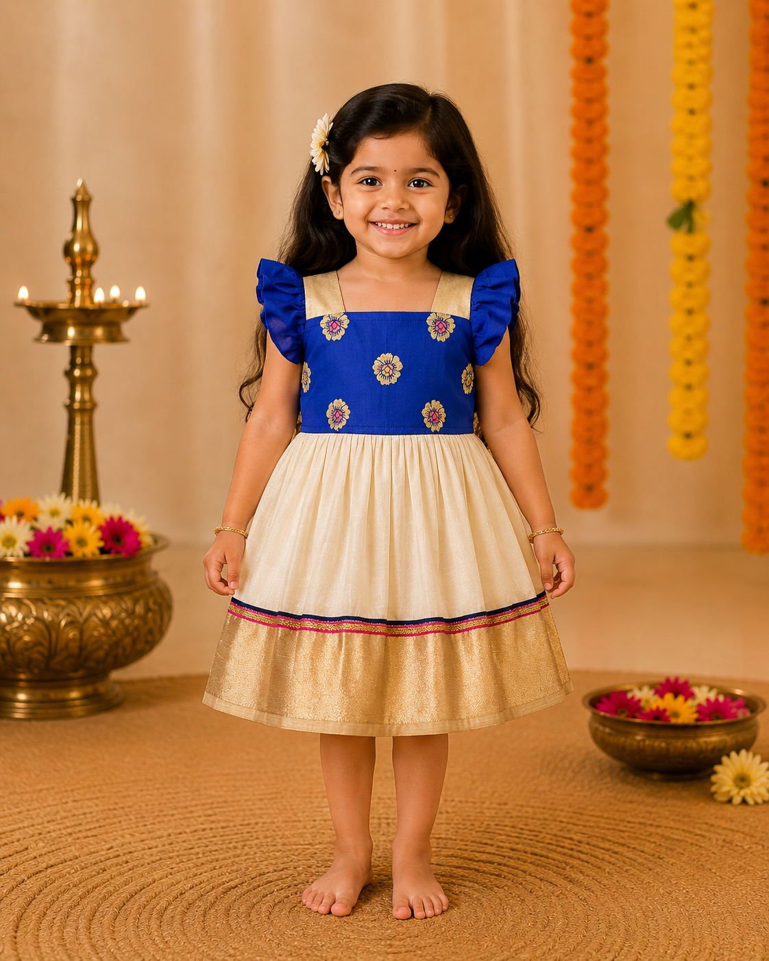 Cream Kasavu & Blue Flower Frill Frock for Girls
