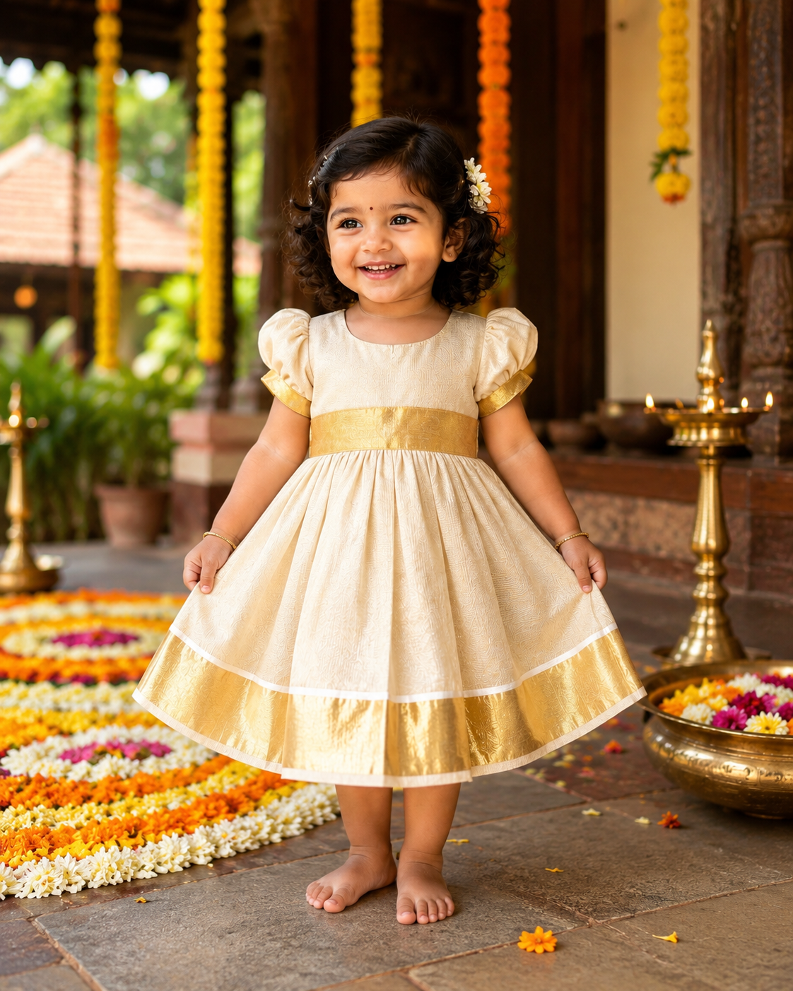 Cream Kasavu Frock with Golden Zari Border for Girls