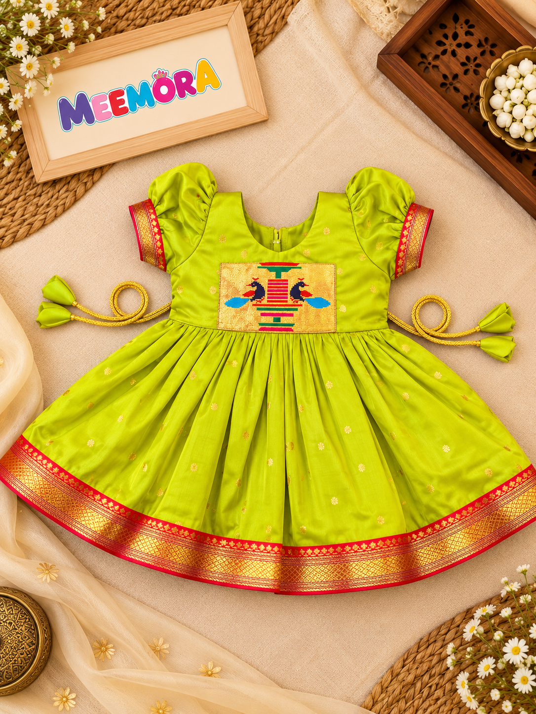 Lime Silk Frock with Paithani Peacock Patch for Girls