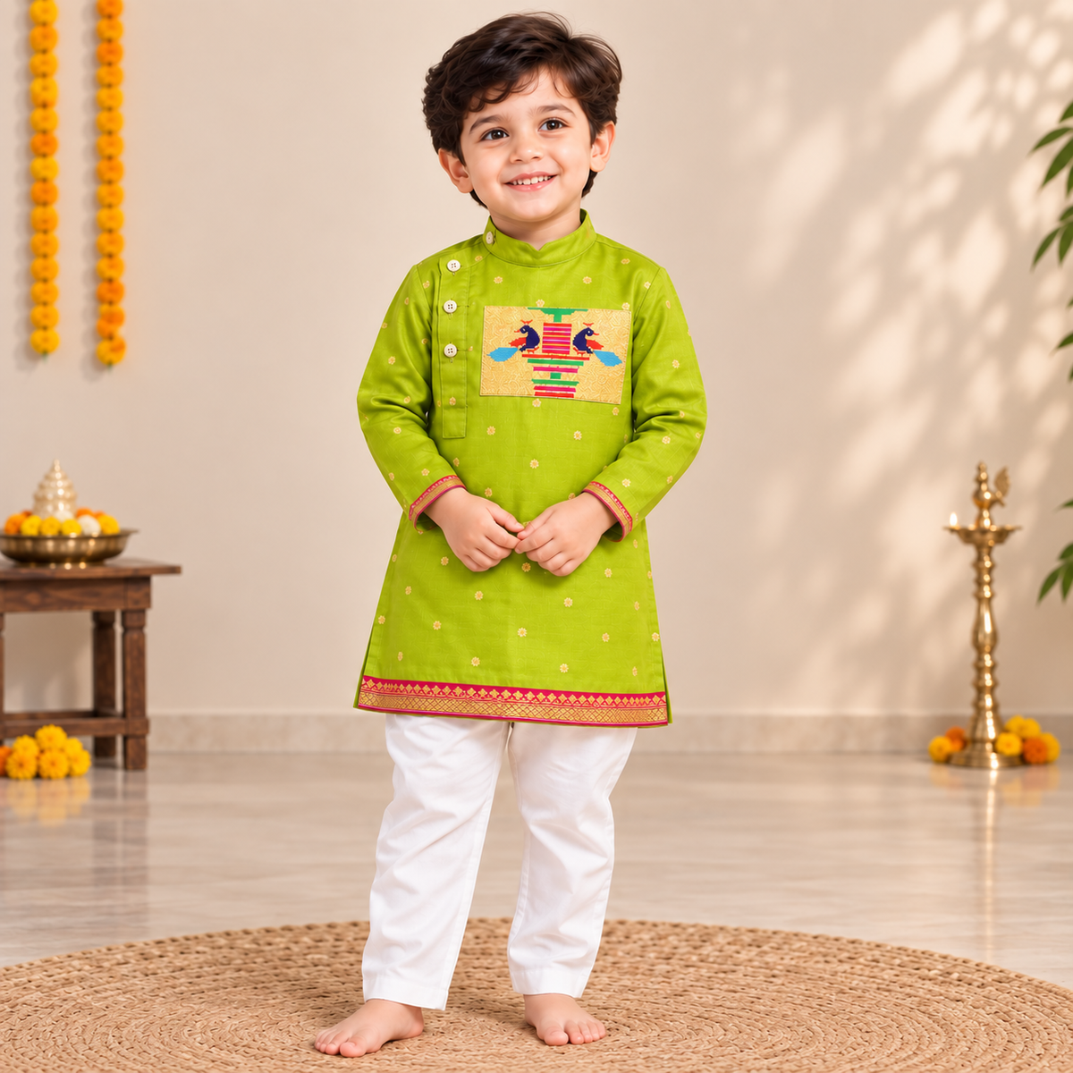 Lime Paithani Silk Kurta Pajama for Boys