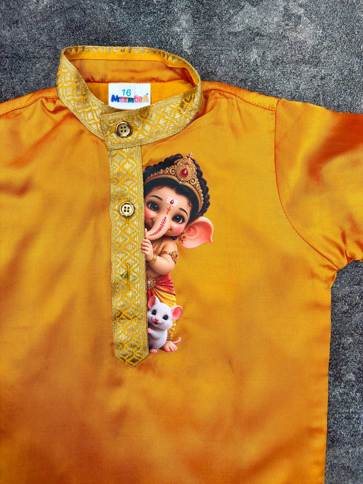 Mango Yellow Two-Toned Ganpati Silk Kurta Pajama for Boys