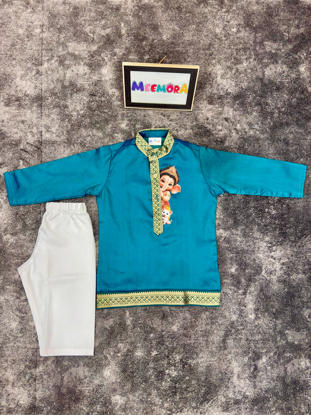 Morpankhi Blue Two-Toned Ganpati Silk Kurta Pajama for Boys