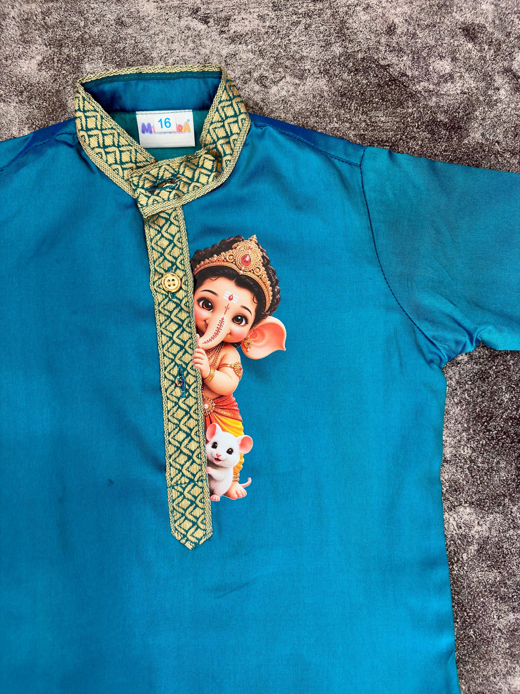 Morpankhi Blue Two-Toned Ganpati Silk Kurta Pajama for Boys