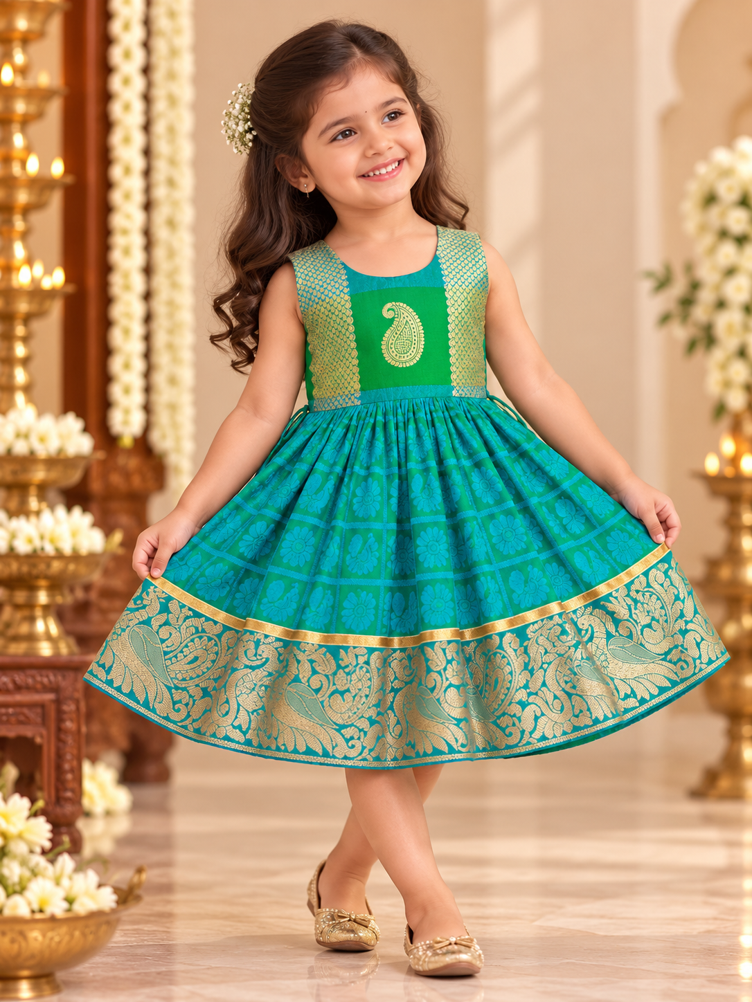 Morpankhi Green Checks Peacock Silk Frock for Girls