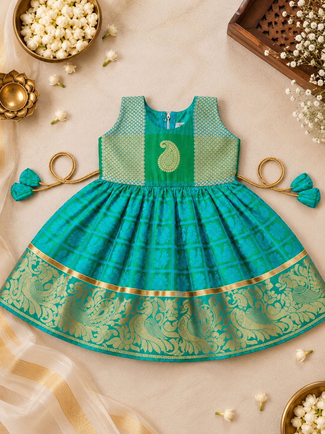 Morpankhi Green Checks Peacock Silk Frock for Girls