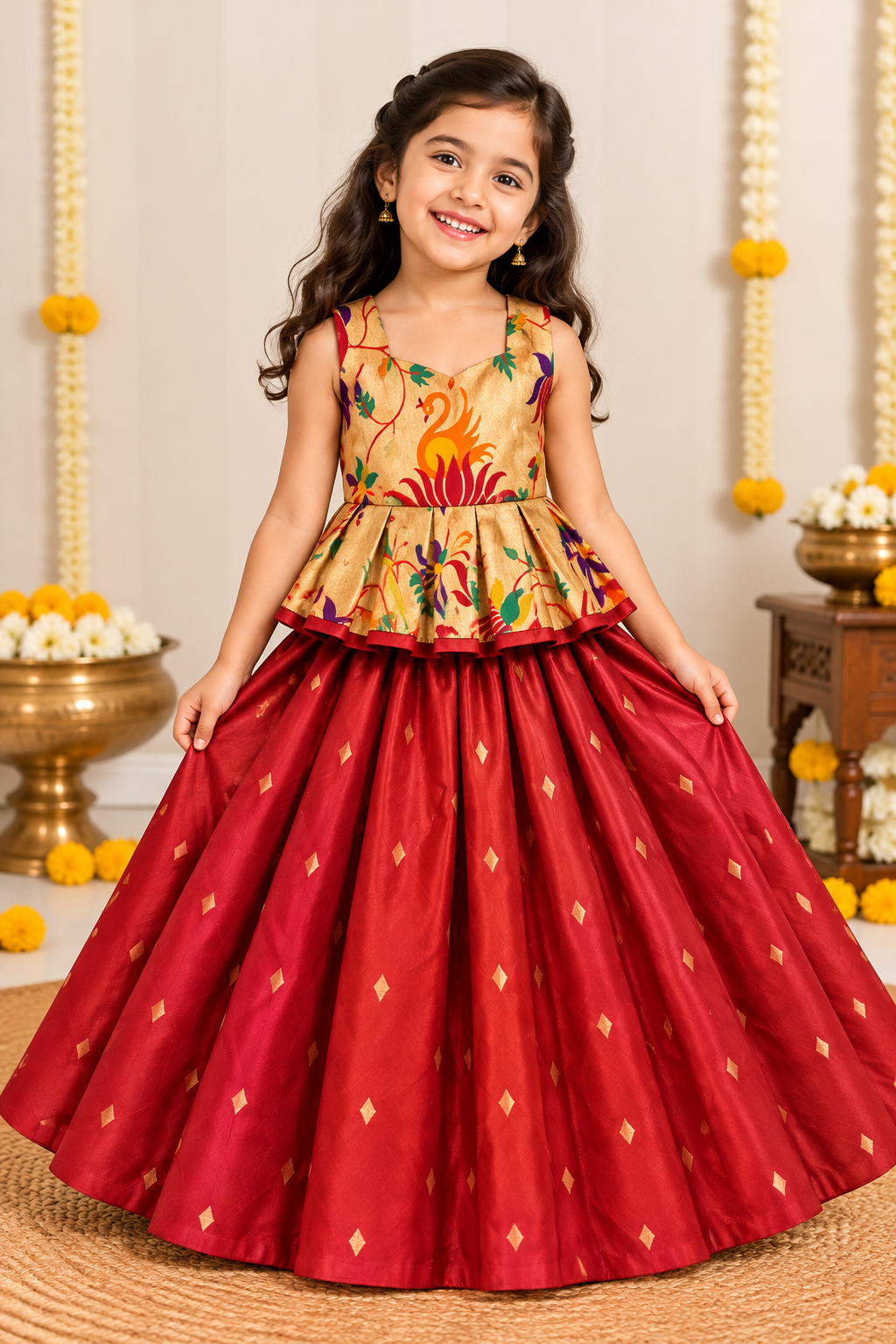Maroon Paithani Zari Silk Skirt & Blouse Set for Girls | 1-8 Years