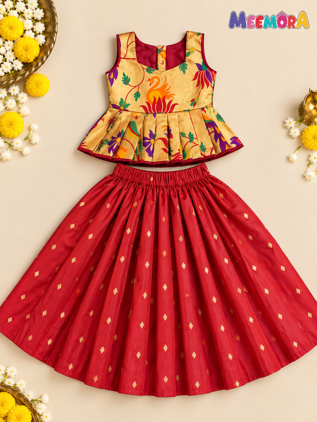 Maroon Paithani Zari Silk Skirt & Blouse Set for Girls | 1-8 Years