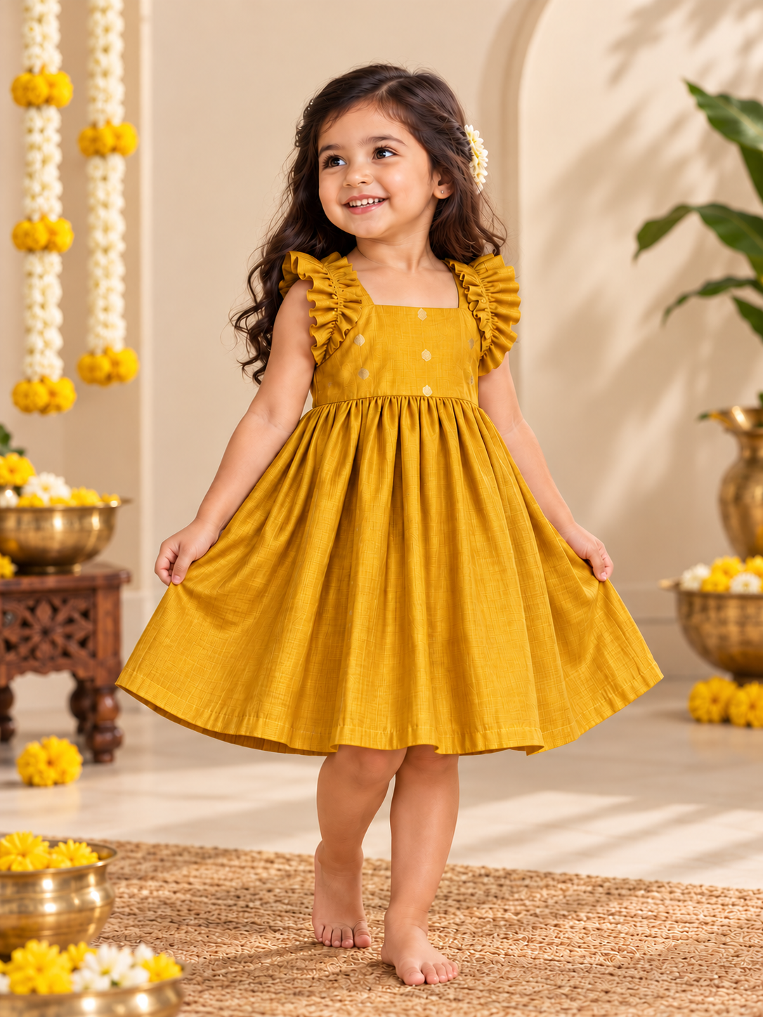Yellow Gold Coin Silk Frock for Girls | 0–5 Years