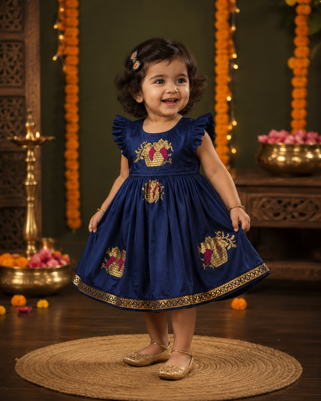 Navy Blue Soft Silk Zari Motif Frock for Baby Girl