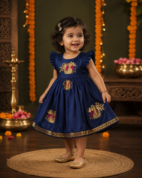 Navy Blue Soft Silk Zari Motif Frock for Baby Girl
