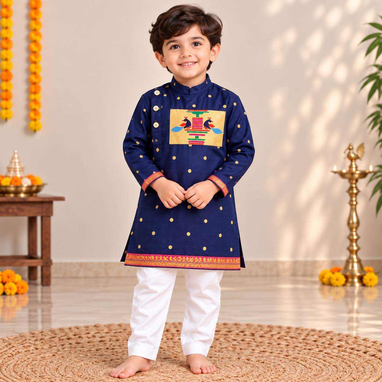 Navy Blue Paithani Silk Kurta Pajama for Boys