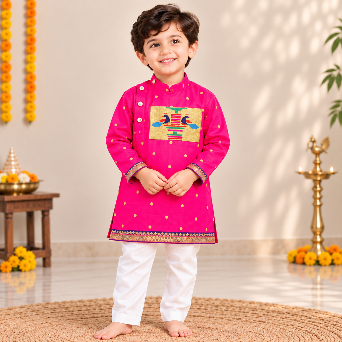 Neon Pink Paithani Silk Kurta Pajama for Boys