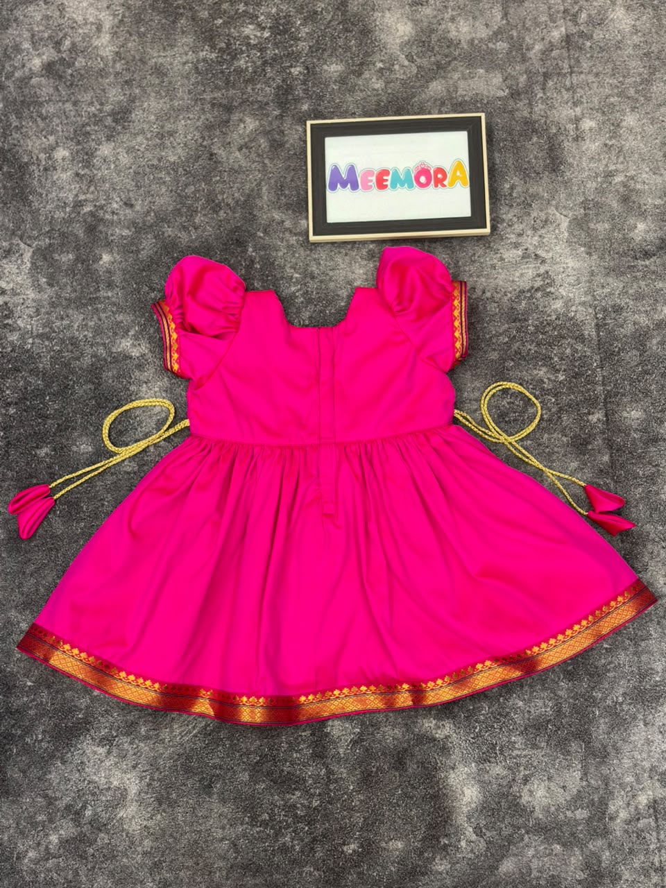 Neon Pink Paithani Border Ganpati Soft Silk Frock for Girls
