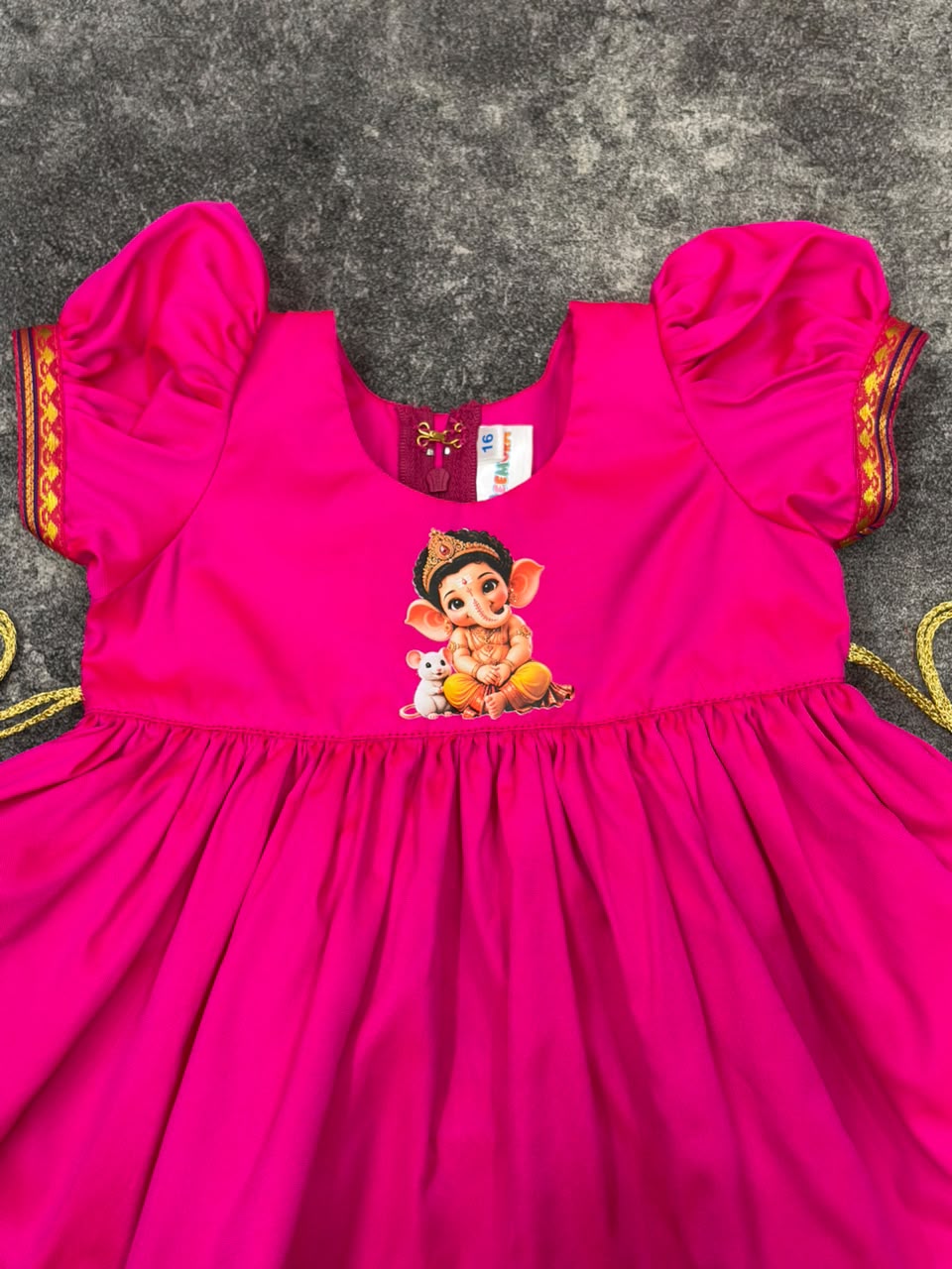 Neon Pink Paithani Border Ganpati Soft Silk Frock for Girls