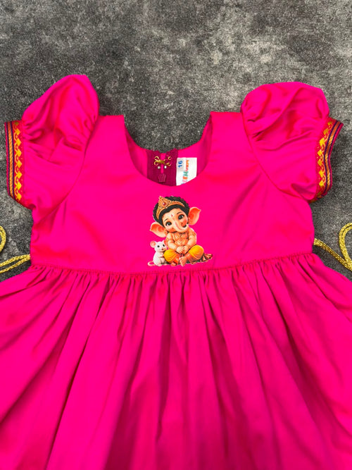 Neon Pink Paithani Border Ganpati Soft Silk Frock for Girls