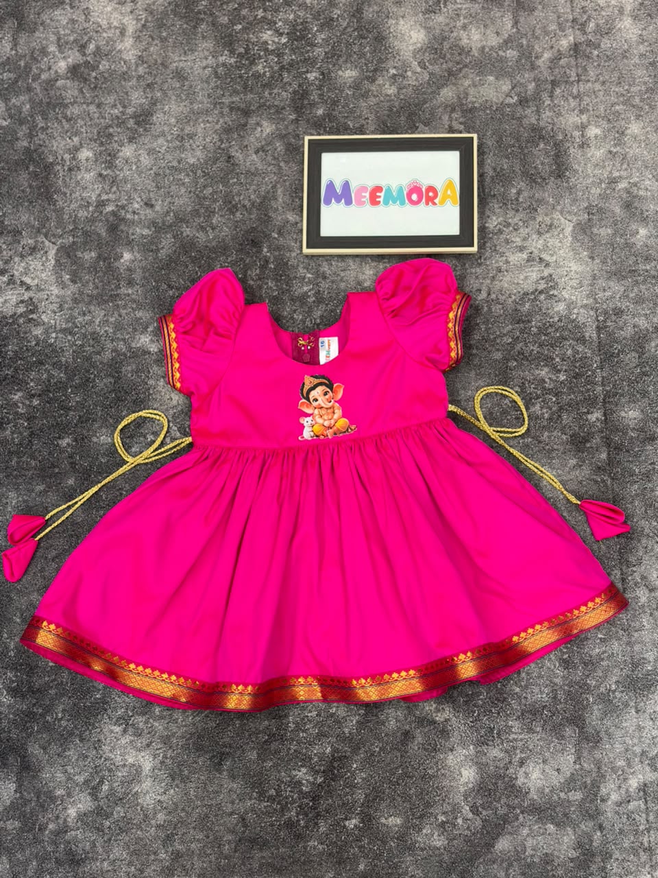 Neon Pink Paithani Border Ganpati Soft Silk Frock for Girls